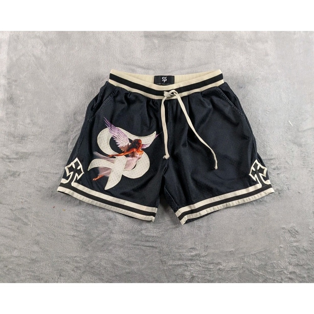 Saint Potential Shorts Men Small Angel Graphic Mesh Embroidery Cross treetwear